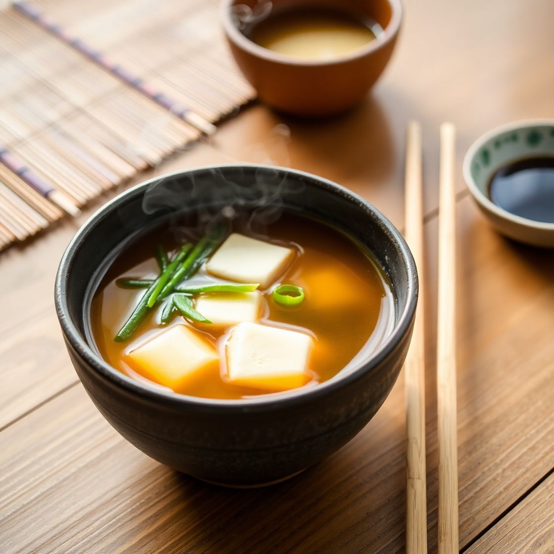 Miso soup in a traditional Japanese bowl with tofu and green onions