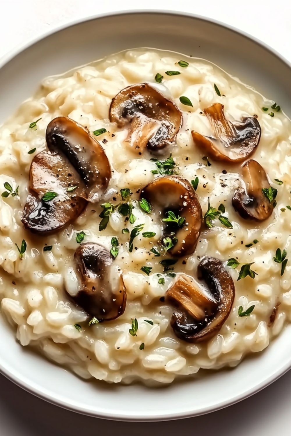 Mushroom risotto served in a white plate