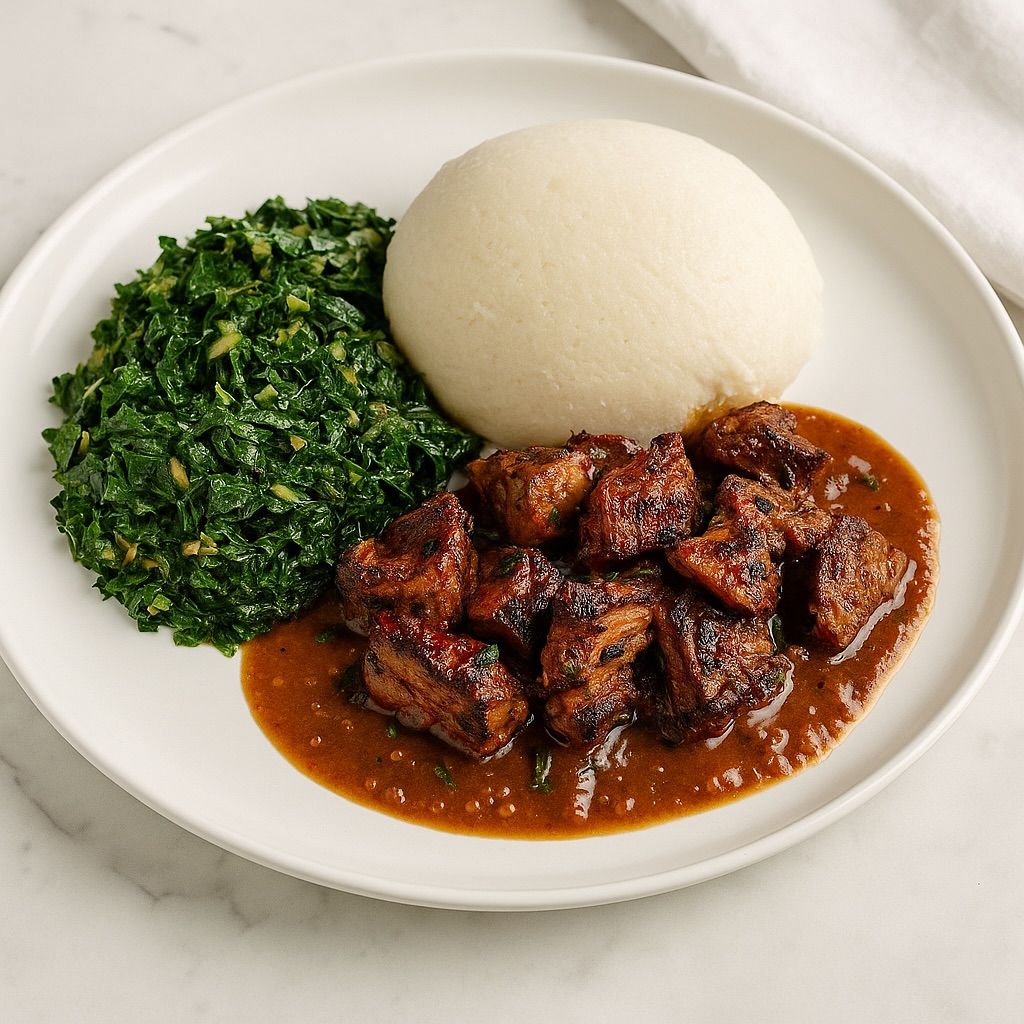 Ugali served with sukuma wiki (collard greens) and savory meat stew on a plate